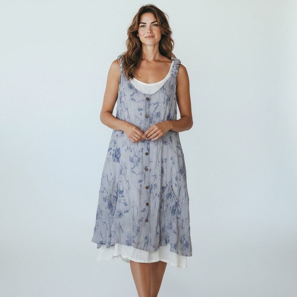 Papillon Women Tunic L Blue Floral Layered Boho Cottagecore Lagenlook Button